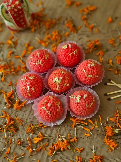 Seven of my Motichoor Ladoo candles, looking just like the classic Indian sweet. These unscented decorative pieces are perfect for creating a festive display on a platter or table.