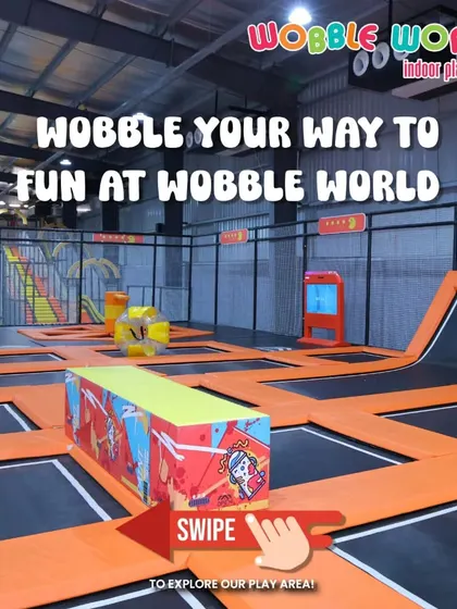 An invitation to explore our play area. This graphic points you toward the fun, starting with our massive trampoline park.