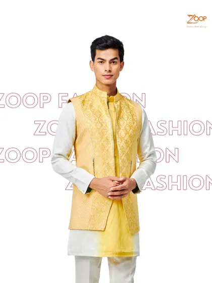 Cultivate a sartorial haven with my meticulously crafted garments. This yellow quilted jacket paired with a simple kurta embodies a timeless elegance, designed to empower the modern man.