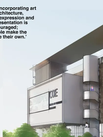 A conceptual image from our proposal for the Centre of Excellence (COE), with a quote emphasizing how incorporating art encourages self-expression and ownership of a space.