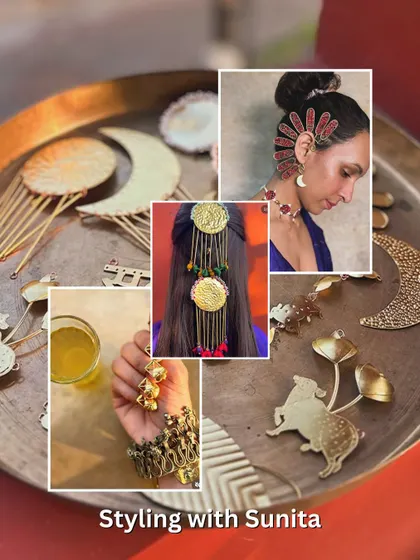 A collage of luxury bridal accessories, featuring beautiful hair combs, parandis, and ghungroo bracelets.