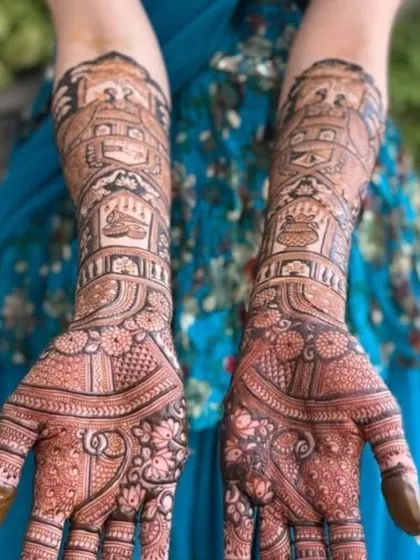 A stunning full-hand design with a mix of bold and delicate work. The dark stain is already visible, promising a beautiful final color.