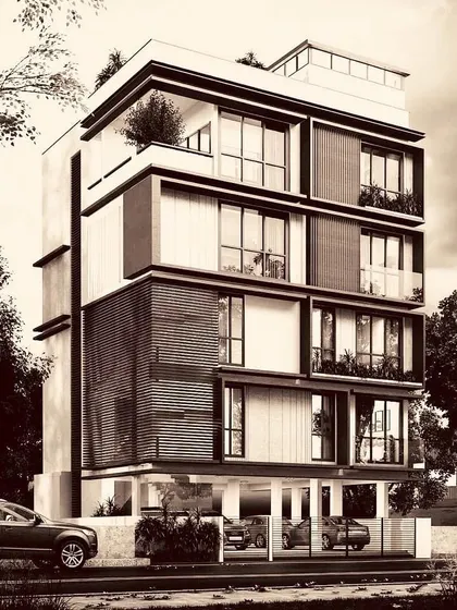 A conceptual visualization for a multi-level residence in HSR, Bangalore. The design explores a layered facade with varied materials and setbacks, creating visual interest and functional outdoor spaces like balconies and a rooftop terrace.