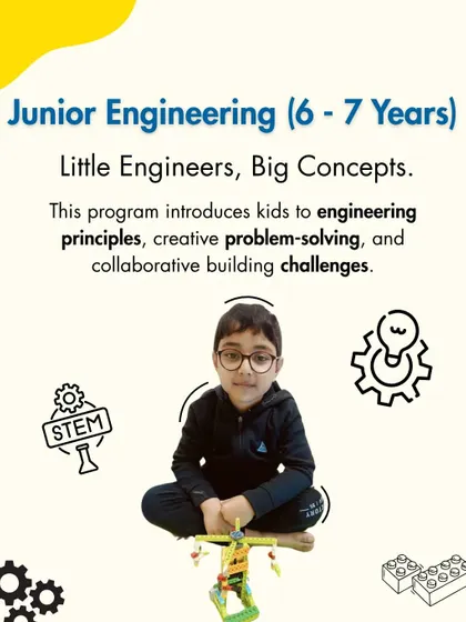 'Junior Engineering' for 6-7 year olds introduces foundational engineering principles. Kids engage in creative problem-solving and collaborative building challenges.