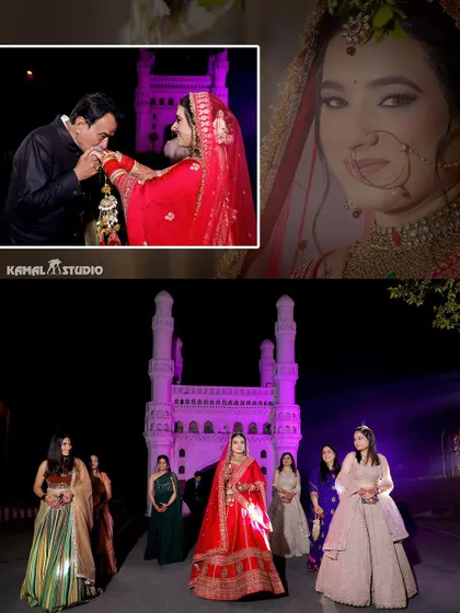 A collage showing a tender moment with the bride's father and a grand portrait with her bridesmaids.