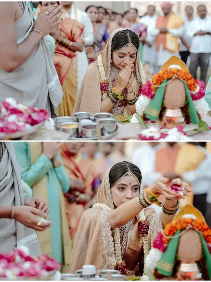 A collage showing a bride participating in puja rituals during her wedding ceremony.