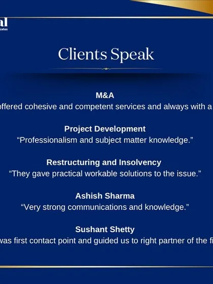 Client feedback is the measure of our success. This graphic highlights testimonials from our clients, as quoted by IFLR1000, praising our professionalism, subject matter knowledge in project development, and practical solutions in restructuring and insolvency matters.