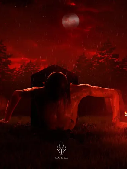 A demon rising from its grave under a blood-red moon, a common event on Flicker Island. This scene focuses on the raw power of the entity, using fire and dramatic backlighting to create a terrifying silhouette.
