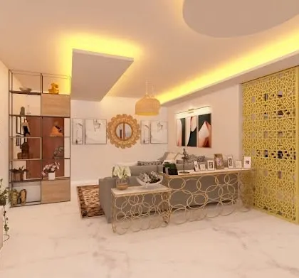This angle highlights the open and flowing layout of the living area, with a gallery wall and open shelving for displaying personal items. The circular ceiling cutout and warm lighting create a soft and inviting ambiance.