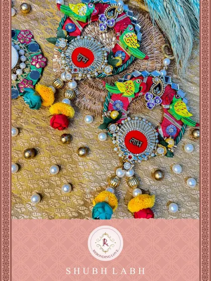 This image captures the vibrant red and yellow details of our parrot-themed Shubh Laabh, perfect for a bright and cheerful festive entrance.