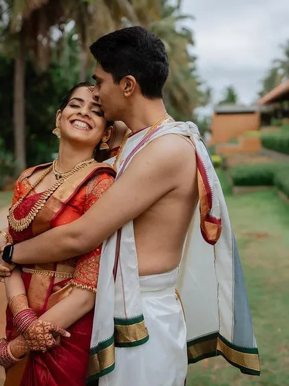 The pure joy of starting a new life together. This candid moment of laughter and love between Alankrita and Sanjith perfectly captures the happiness of their wedding day at Panchavati Pavilion.