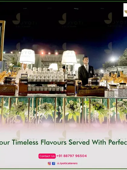 A classic soup station setup for an outdoor evening event, featuring elegant table lamps and our professional staff ready to serve.