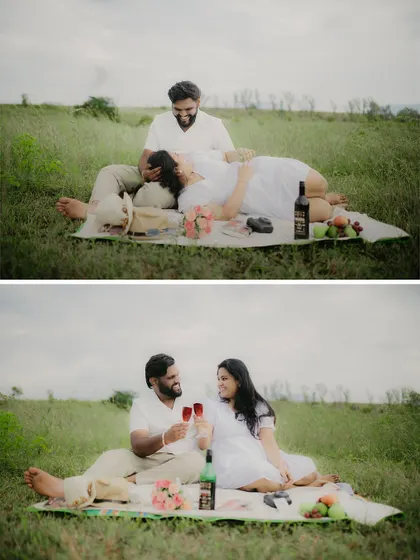 Two moments from a romantic picnic: a tender moment of rest and a celebratory toast with wine.