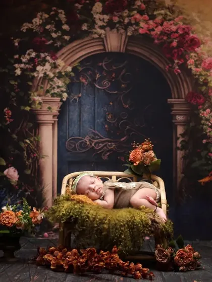 The full secret garden scene, showing the intricate details of the floral arrangements and the mystical doorway that frames the sleeping baby.