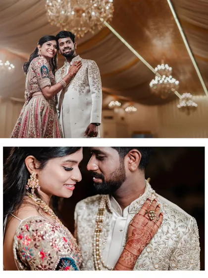 A collage of a couple's reception portraits, featuring a wide shot under chandeliers and an intimate close-up.
