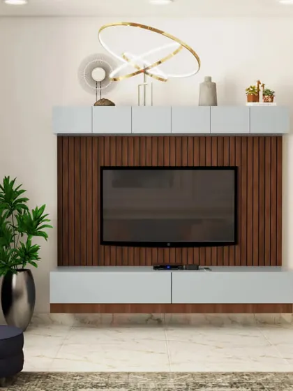 This wall-mounted TV unit creates a "floating" effect with cabinets both above and below a central wood-paneled section. The design is modern, symmetrical, and provides a great deal of storage.