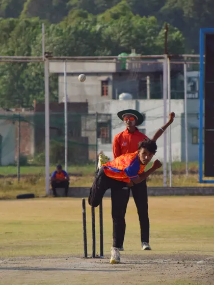 A bowler unleashes a delivery during our ODI format practice match on the Dehradun tour.