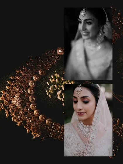 A collage focusing on the fine details of a bride's look, including her intricate jewelry and the delicate embroidery of her lehenga.