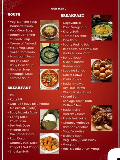 Explore our menu for soups and breakfast items. We offer a wide variety from Veg Manchow Soup to classic South Indian tiffin like Idli, Vada, and various dosas.