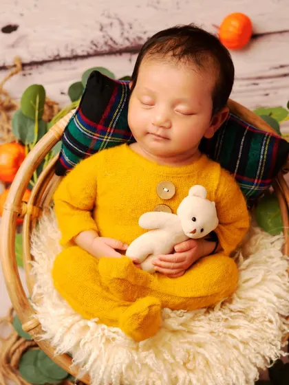 A slightly different angle of this cozy setup, showing the baby nestled in the basket. The soft fur lining ensures they are warm and comfortable.