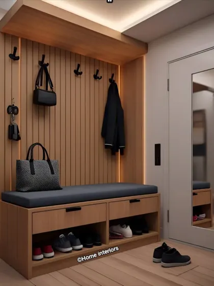 A practical and welcoming entryway or foyer unit. It includes a comfortable seating bench, shoe storage cubbies underneath, and hooks for coats and bags, keeping the entrance to your home tidy.