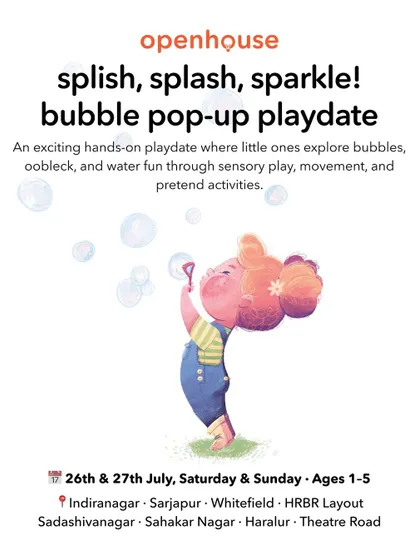 A poster for our "Splish, Splash, Sparkle!" bubble pop-up playdate. We designed this event for little ones to explore bubbles, oobleck, and water fun through a variety of sensory activities.