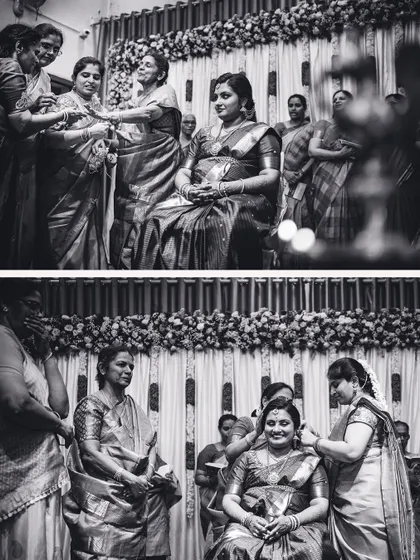 Black and white photos from a baby shower, focusing on the community of women helping the expectant mother prepare for the ceremony.