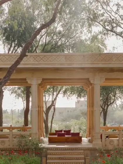 A quiet, traditional pavilion at Suryagarh, offering a peaceful escape amidst the wedding festivities. We utilize every part of a destination venue to enhance the guest experience.
