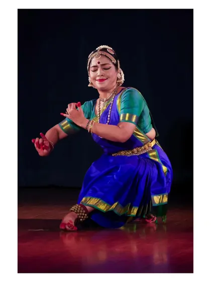 Chaitra Rao in a pose of quiet contemplation. Her performances are known for their elegance and in-depth Abhinaya.