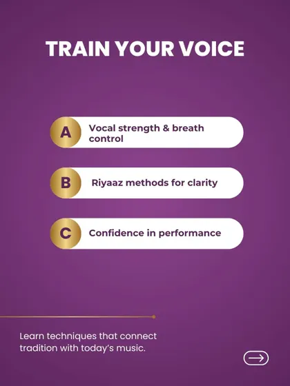 This graphic outlines the different techniques you will learn to train your voice. We cover vocal strength, 'riyaaz' methods for clarity, and building confidence for performance, connecting tradition with today's music.