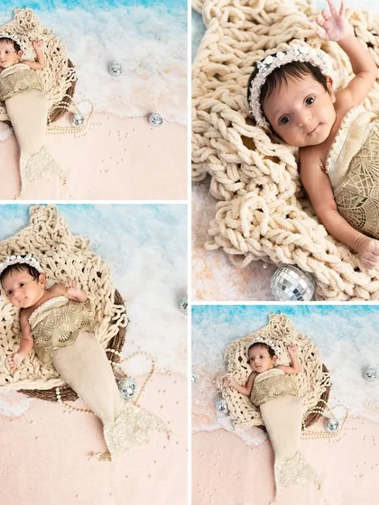 Dreaming under the sea. This collage shows our little mermaid, complete with a shimmering tail, resting on a "beach" with pearls and disco balls for bubbles.