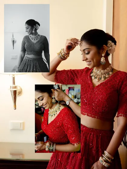 A collage capturing the final touches of the bride getting ready. These images show the details and the happy moments of preparation.
