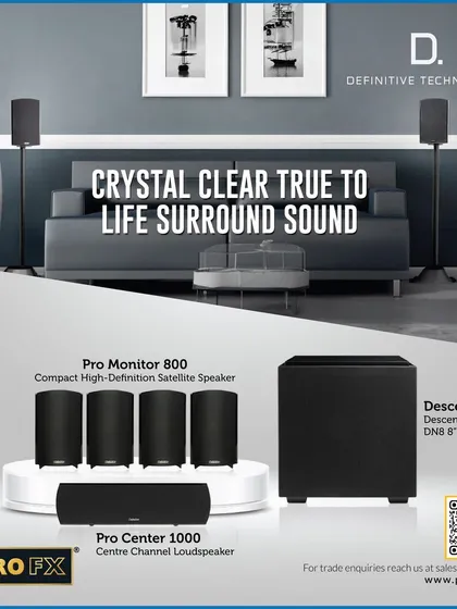 This Definitive Technology package offers crystal clear, true-to-life surround sound. It combines four ProMonitor 800 satellite speakers, a ProCenter 1000 center channel, and a Descend DN8 subwoofer for a compact yet powerful audio setup.