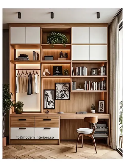 A stylish and multi-functional unit for a study or bedroom. This design cleverly incorporates a desk, bookshelves, drawers, and even a small open wardrobe section.