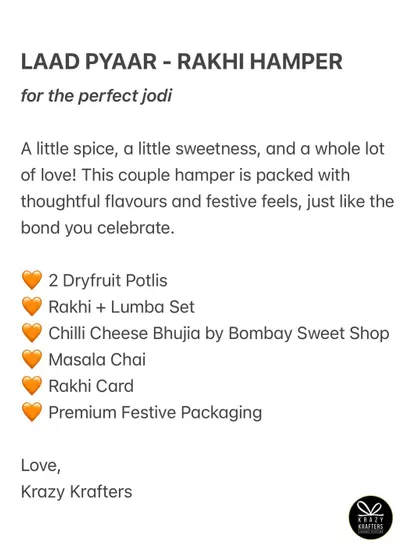 A list detailing the contents of our 'Laad Pyaar' couple rakhi hamper, perfect for the foodie bhaiya-bhabhi jodi.