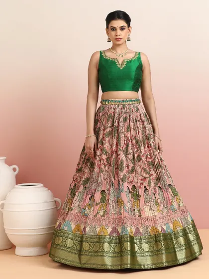 This mythological print lehenga is one of our festive bestsellers, loved for its unique design and vibrant colors.