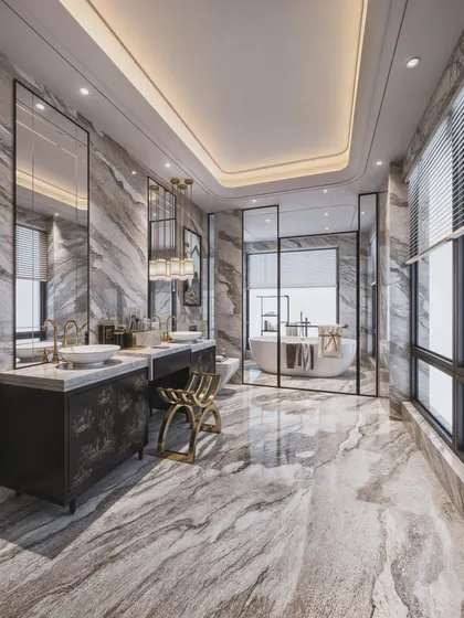 An expansive hotel suite washroom, rendered to showcase the luxurious expanse of marble, the dual vanities, and the separate glass-enclosed wet area.