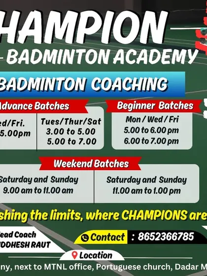 An overview of our coaching schedule at the Dadar BSNL center. We offer weekday and weekend batches for both beginner and advanced players, with a "Pay & Play" option available.