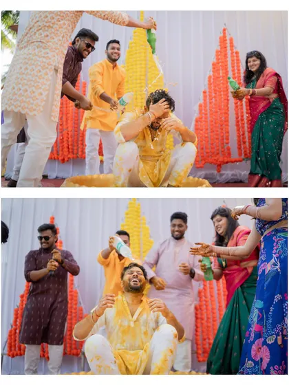 A collage showing the groom's friends having a great time showering him with water and fun during the Haldi.
