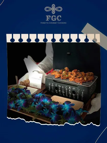 A stylized shot of our mini grill appetizer service. The torn-paper graphic effect adds a modern, scrapbook-like feel to this promotional image showcasing our unique serving methods.