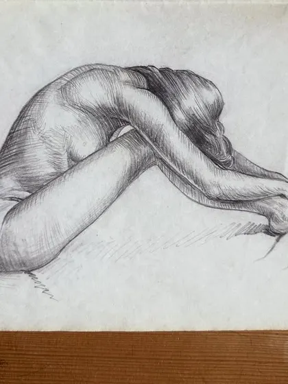A pencil drawing of a figure in a curled, expressive pose. This sketch was an exploration of how the body can create powerful shapes and convey deep emotion, a theme I continue to explore in my work.