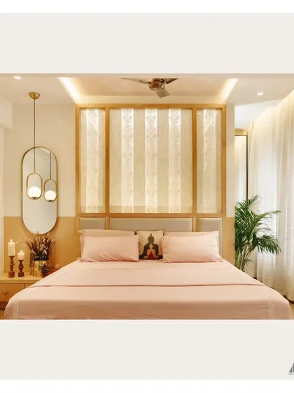 A complete view of the bedroom, showing the custom bed, bedside pendant lighting, and full-length mirror. The layout is designed to be both functional and aesthetically pleasing.