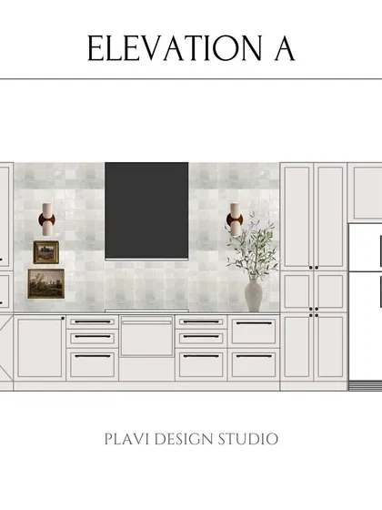 The technical elevation drawing for the kitchen, translating the mood board into a precise plan for cabinetry, appliance placement, and lighting.