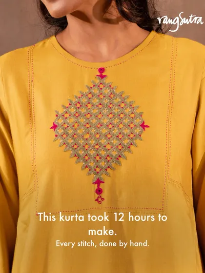 The beauty of our clothing lies in the time and skill invested by our artisans. This particular kurta took over 12 hours of meticulous hand embroidery, a testament to the slow, intentional process that makes each garment a piece of wearable art.