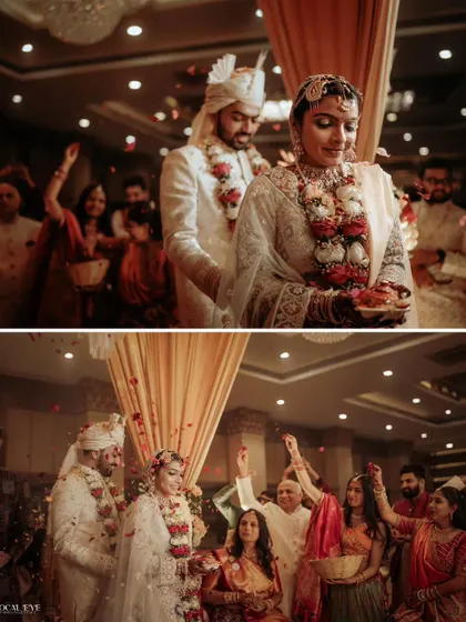 A collage showing the bride's entrance and the couple participating in rituals, surrounded by showering flower petals.