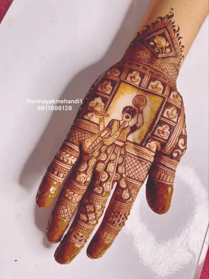 A classic Karwa Chauth design showing a woman with the 'chalni' (sieve) and 'puja thali'. This is a popular request, and we take pride in the fine details of the portrait and surrounding patterns.