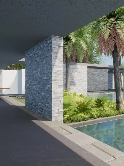 A closer view of the event center concept, showing walkways over water and the use of natural stone walls.