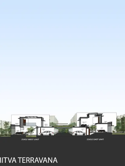 A sectional drawing of the Svamitva Terravana villas, showing how the east and west-facing units are designed differently to respond to the sun path.