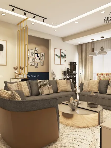 A contemporary living room with a mix of textures and materials. The curved sofa and metallic accents on the coffee table add a touch of modern glamour.