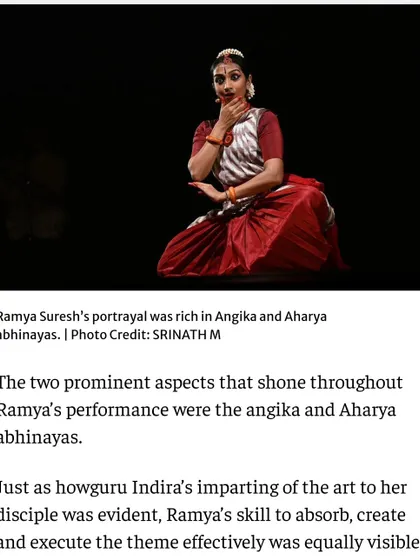 The review noted the strength of both the Angika (body movements) and Aharya (costume) abhinayas in Ramya's performance, a testament to her skill and our training.